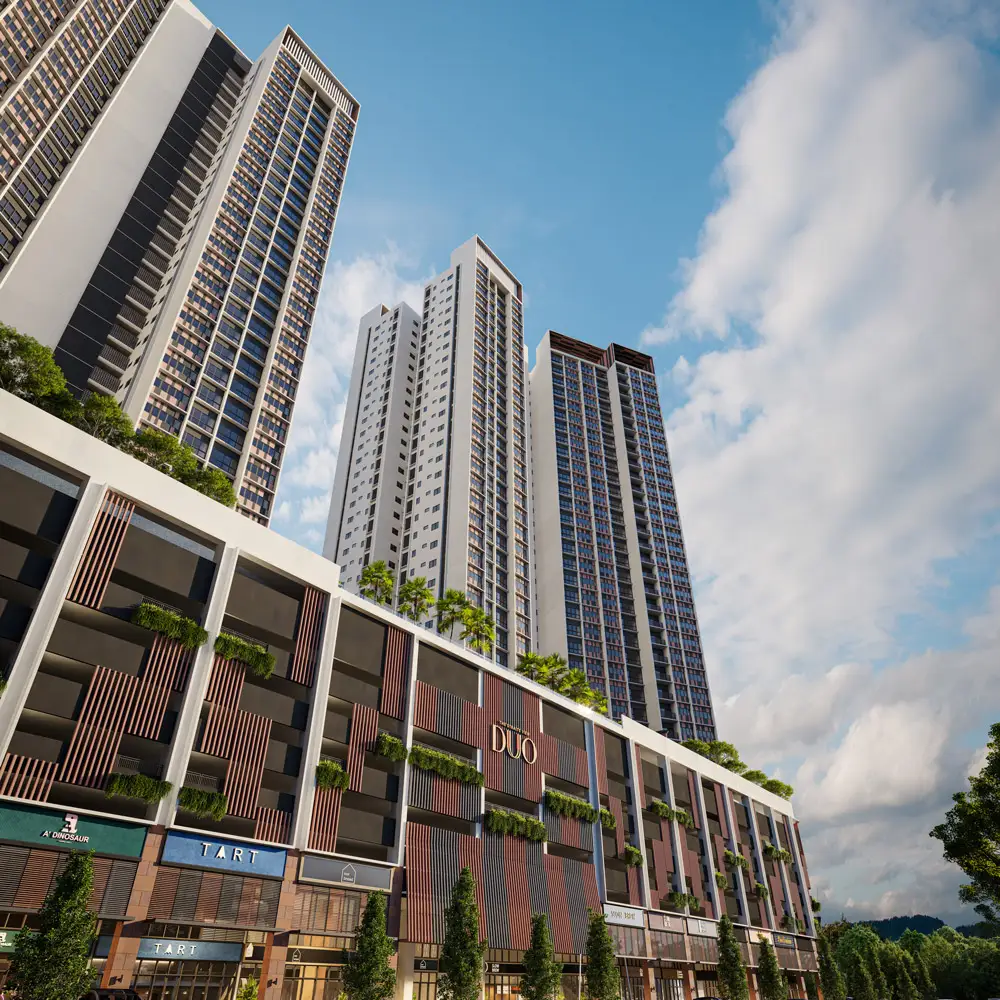 The Straits View DUO facade above the retail podium