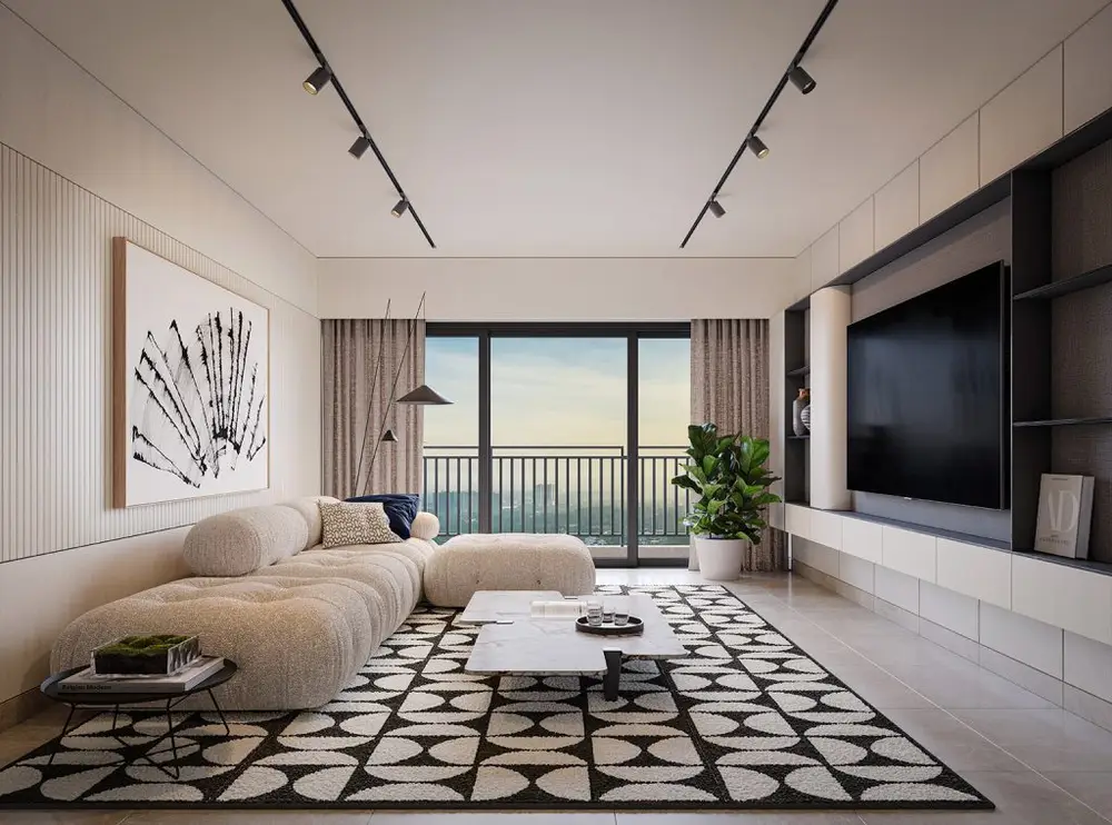 The Straits View DUO living room interior render, 3 bedroom layout